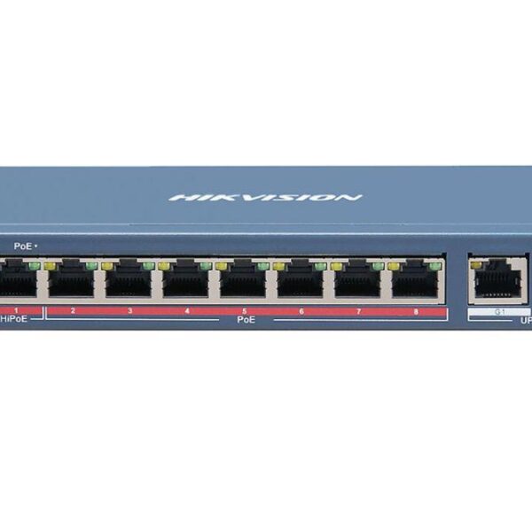 Switch 8 porturi PoE Hikvision DS-3E1310HP-EI prezinta 1 × 10/100